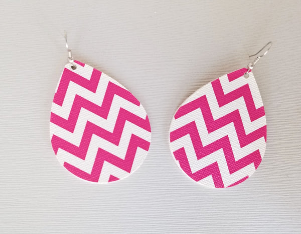 Pink and White Chevron Faux Leather Large Teardrop Earrings - Avery + Emory Designs